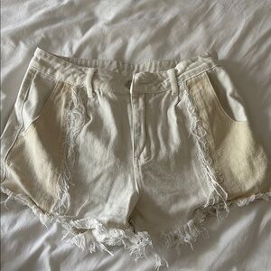 SHEIN Cream Frayed Hem Jean Shorts